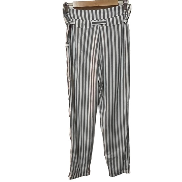 3/$30 STRIPED PAPER BAG HIGH WAIST PANTS XIX PALMS GRAY WHITE TIE RAYON SZ 1 - Picture 8 of 12
